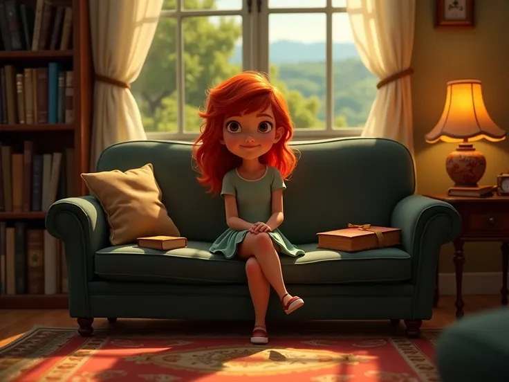  image for a cartoon story YouTube video in Pixar format. Liora in the bedroom :  An image of a young girl with bright red hair and insightful eyes,  sitting on an old dark sofa .  Around her are old books ,  a lamp with a soft light and a window overlooki...