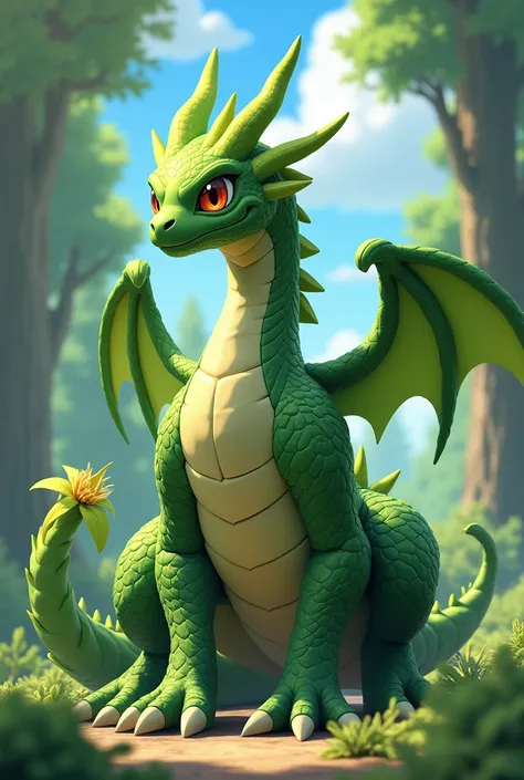 Pokemon, 3d anime, big dragon, green leaf skin, leaf and dragon type, have a small flower, have a wing