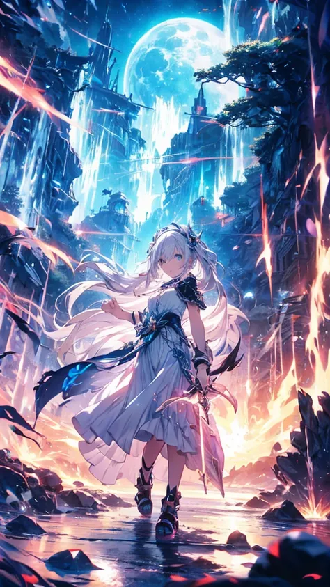 anime girl walking near a cliff ,  Beautiful fantasy anime , high detailed  Official Artwork , White-haired god,   Shadowverse Style , Anime Goddess, Nightcore, Detailed Key Anime Art,  Official Artwork , Masterpiece Goddess of Beauty,  anime fantasy illus...