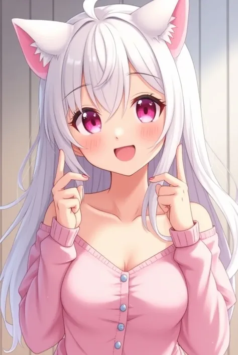 Anime girl with cat ears, a 25yo woman、a smile、Soft white fluff in the ears,, Her eyes are big and curious, She was excited and happy to see me, Beautiful eyes, White hair, Pink eyes, good art, Good drawings, 2D Anime, 2D, Cute, 2 hands and 5 fingers on ea...