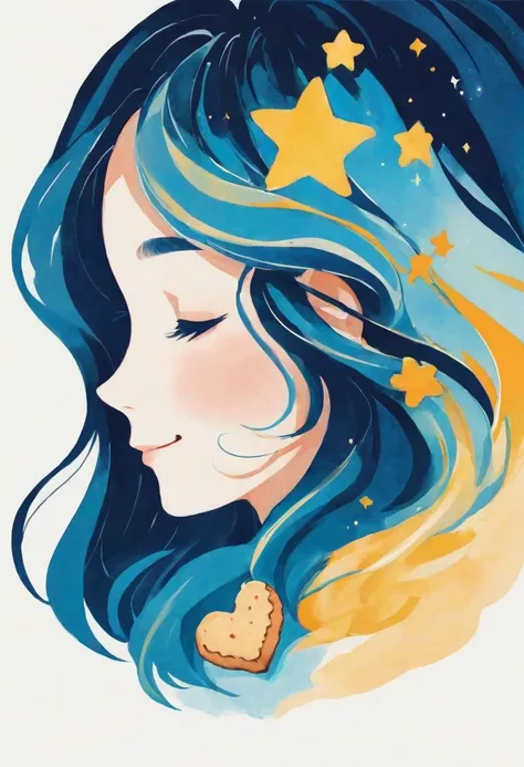 simple illustration, woman, face in profile, smiling, holding cookie, long wavy hair