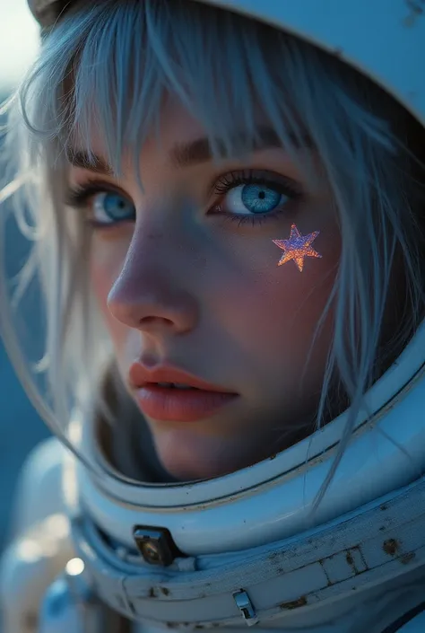 (Close-up of a better masterpiece:1.5)0.9], (Space and astronauts:1.2) (Messy silver hair:1.1) (Heterochromia xanthochromia and blue eyes:1.2) (Space Helmet:1.0) (Colored stars in the eyes:1.0) (A radiant glow:1.1) (thick lips:0.9)