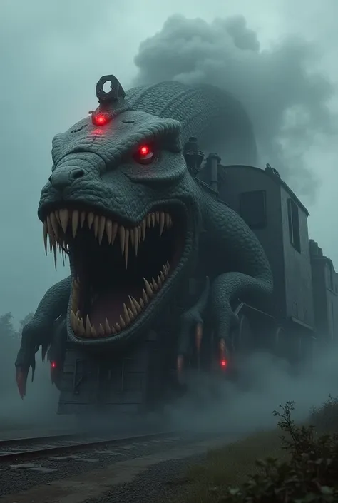 Make a big train and snake hybrid image like real and horror too real