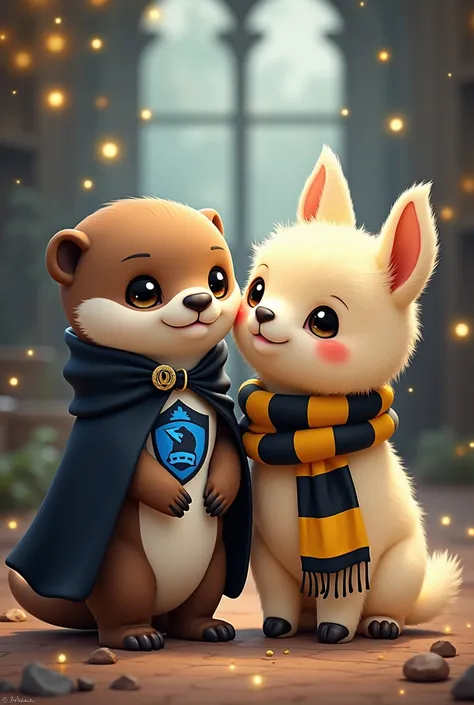 Cute baby otter, The one in the Hogwarts house Ravenclaw is wearing a black cape around with a blue crow logo
Together with cute baby llama in the Hogwarts house Huffelpuf with scarf around the yellow/black