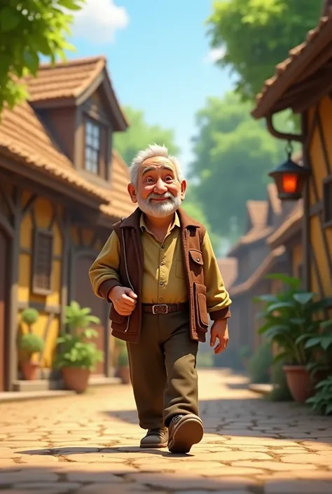 An happy old man walking in the village ,3d render, pixar style.