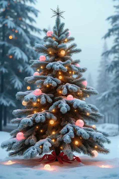 Snowy Christmas pine with pink decoration and white lights