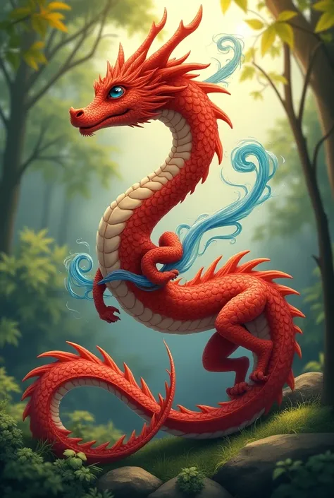 I want to draw a red curly maple day dragon adding some blue patterns winding from head to tail to form a shape identical to the letter S