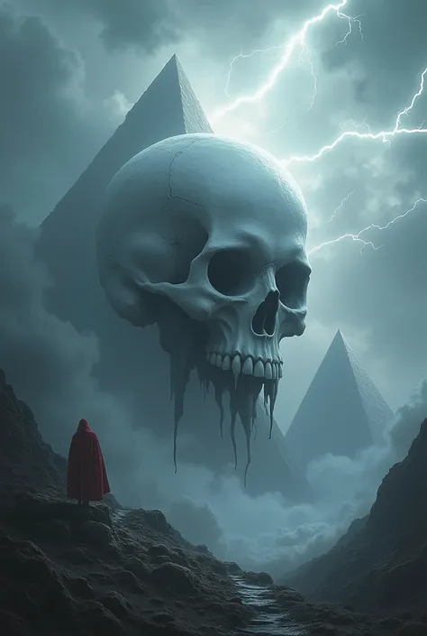 a white skull with pyramid background and thunder in 4K