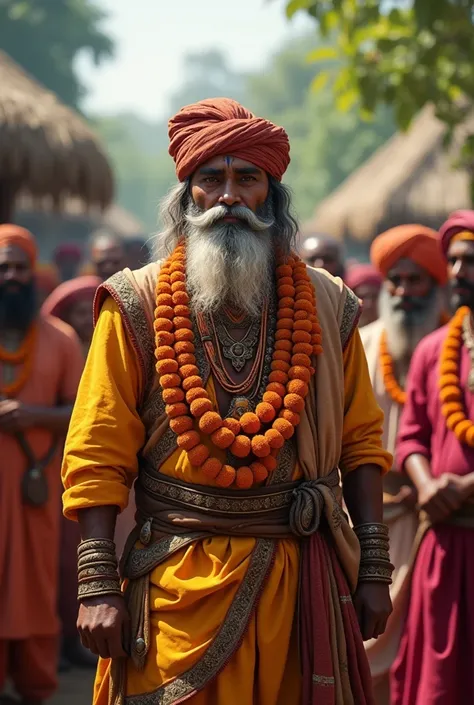 Image Prompt:
Illustrate a scene where Bhoor Singh and Bal Singh are welcomed by villagers with garlands and respect. Bhoor Singh, with a thick mustache, intense gaze, and proud expression, stands tall, accepting the honor with a noble bearing. His figure ...