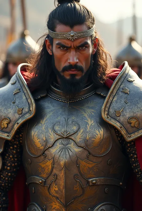 King Rajveer, clad in heavy steel armor engraved with golden patterns, a silver band on his forehead, eyes set with a look of determination for battle.