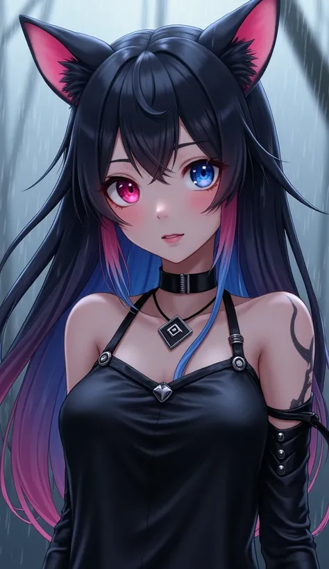 " A detailed illustration of an anime-style girl with feline features in a rainy and gloomy environment .  Her hair is long,  with a gradient in dark tones that go from black to blue and pink on the tips . She wears black and pink cat ears ,  and has marks...