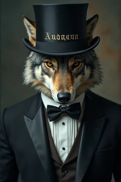 Creer l image du homme bourgeois avec un chapeu haut de forme et visage de loup avec ecris augustin