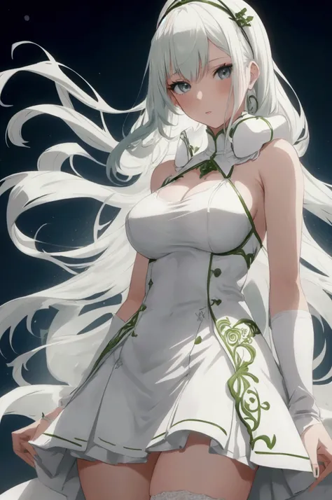 (girl1), (anime), white, with long green hair, an 18-year-old woman, wearing a white dress showing her shoulders, with a thin straight skirt, like a dress cloth on the bottom straight, and on the back another straight cloth, showing her legs, with white st...