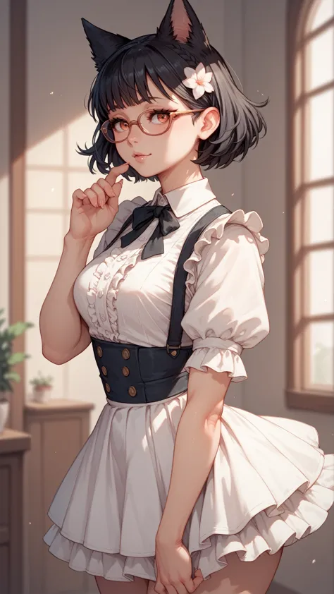  1 girl, black hair,Glasses,Dog Human,Beastman,Kobold, white blouse,Ruffled Skirt