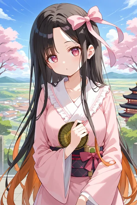 source_cartoon, morning fragrance  ,    deep black hair with red .. long target hair , ,  extra long target hair,  pink eyes, ri...