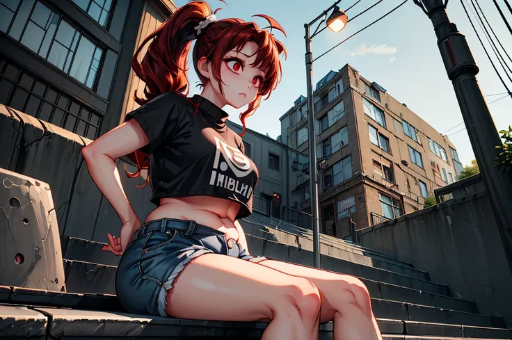 1girl,( side view , From afar:1.5),(Sitting at an angle on the stairs at the bottom left of the screen:1.5),(urban lonely street background, Streetlight,  dark night , moonshine:1.5),(City background,  Sports Jacket , denim shorts and black leggings, Crop ...