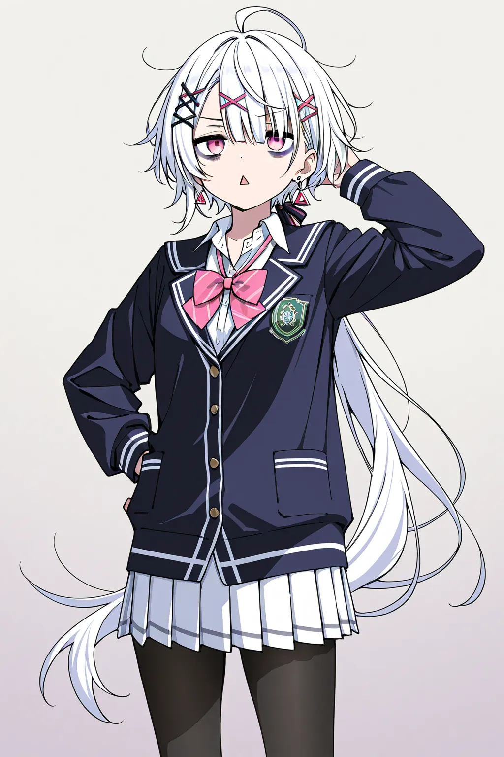 high image quality
 1 high school girl,  pink eyes、white hair、 shortcut,   low ponytail 、   earrings for one woman,  ahoge,   as...