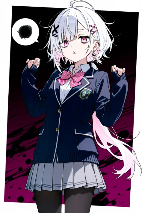  high image quality
 1 high school girl,  Pink Eyes、White Hair、 shortcut,   low ponytail 、   earrings for one woman,  Ahoge,   asymmetrical bangs ,  x-shaped hair ornament,   dark circles under eyes、 Black Pantyhose 、vigil、The background is white、front、Mes...