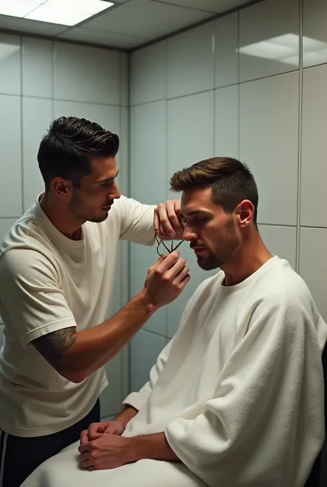 Ronaldo cutting hair of messi