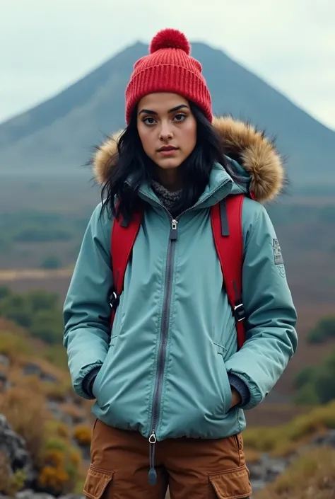    Real human photo, Fika is a young woman with shoulder length  wavy  black hair and fair skin. She has well-defined eyebrows, large black eyes, and a neutral expression on her face.  . Wearing plain zipped light blue winter jacket, brown cargo pant, red ...