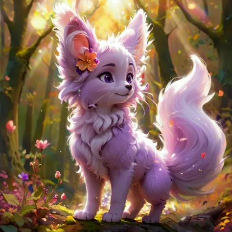 A full-body image of LinaBell standing happily. She has a rounded, fluffy tail with a lighter-colored tip, large ears, and soft pink fur. Her paws are small and delicate, and shes wearing a small purple flower on her ear, giving her a gentle and warm appea...