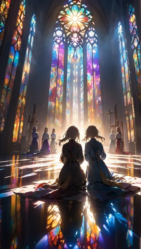 Backlight, Sisters praying with their backs turned, Backlit silhouette, The rich colored light shining through the stained glass、Aesthetically enveloping, 