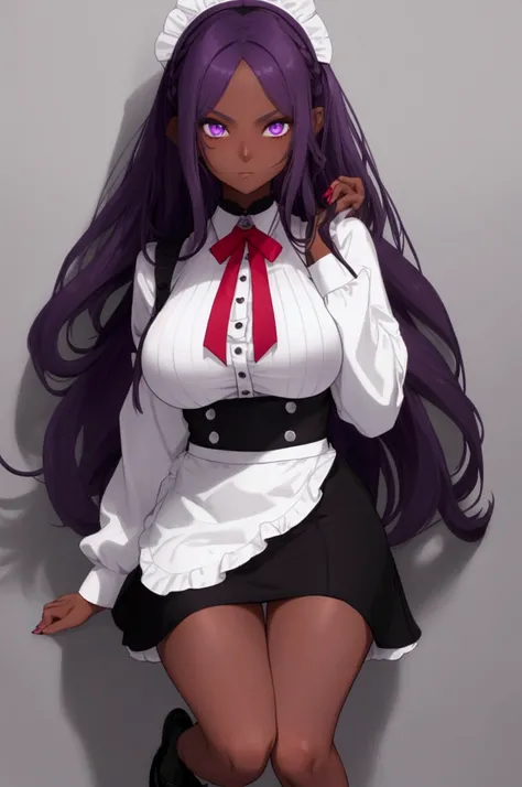 (Solo Woman),(Solo Woman Portrait),(Woman1),(young),(1Whole portrait woman),(20 years old),(mature and body),(Long purple hair and purple eyes),(dark Skin Color:1.5),(slim body),(thin waist),(huge breasts),(big ass),(Delicate face more with a serious expre...