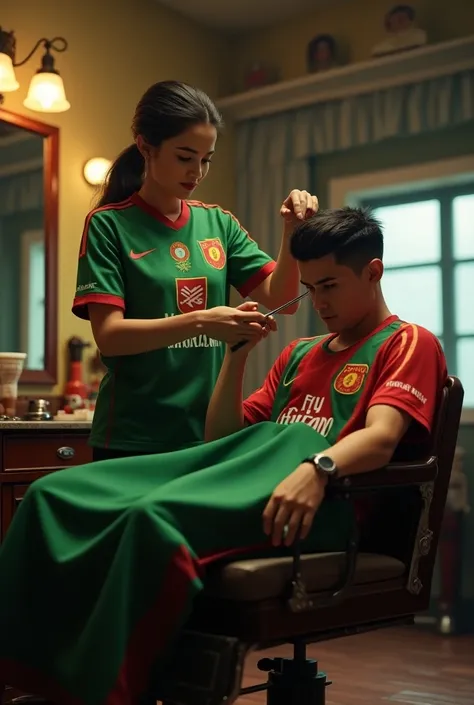 
"Generate a hyper-realistic image of shak hasina , wearing his team football jersey, skillfully cutting a customers hair in a classic, vintage-style barbershop.
The scene should capture fine details like the barber tools in his hands, the expressions on b...