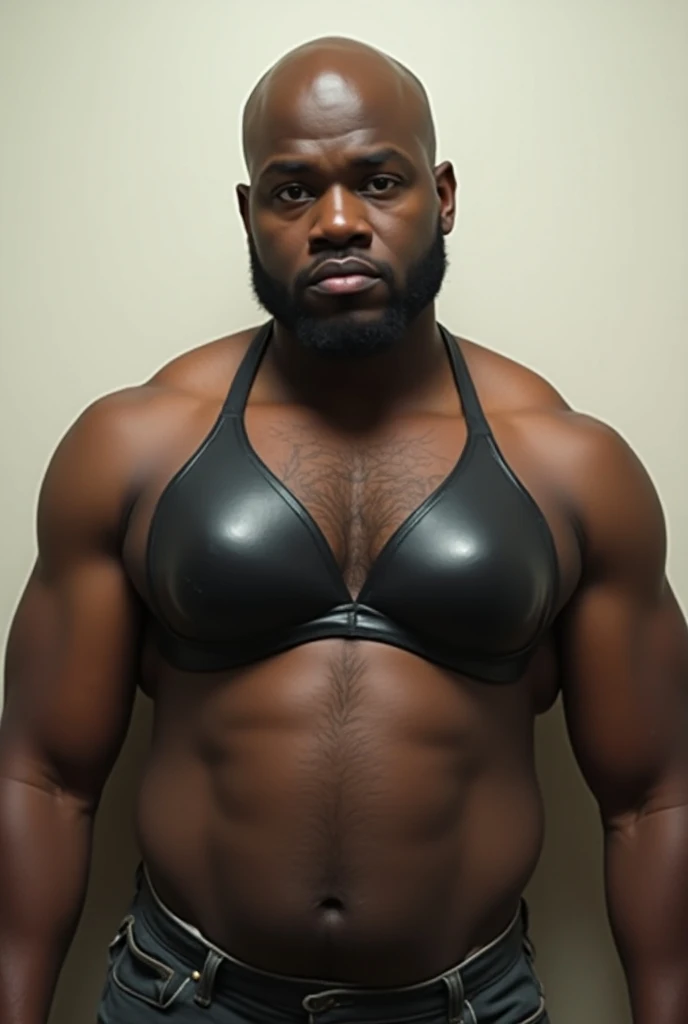 Make a fat and bald black man a little low in a bra on his chest 