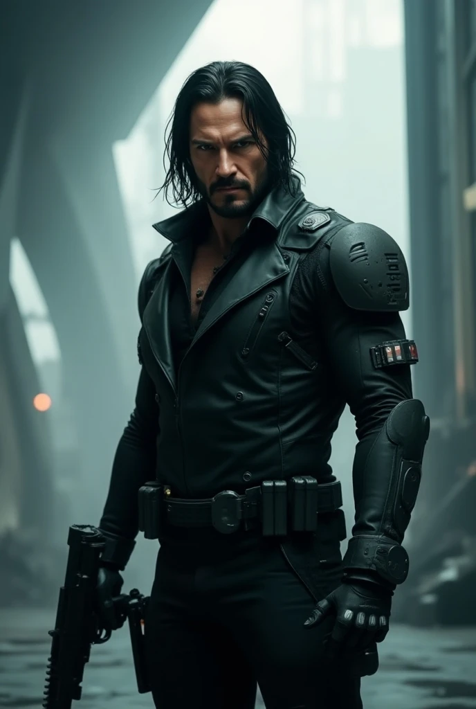 Man like john wick with tech and guns face blurred, full cinematic , superhero 