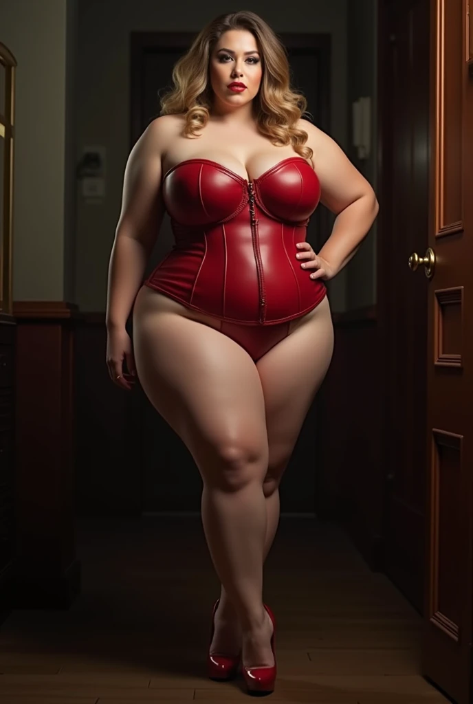 Back low angle full-body view hdr hyper-realistic detailed image of a chubby curvy plus-size caucasian woman with a medium length light blonde hair with brown highlights.  Wearing a detailed red leather corset with matching heels. Dark Low lit room