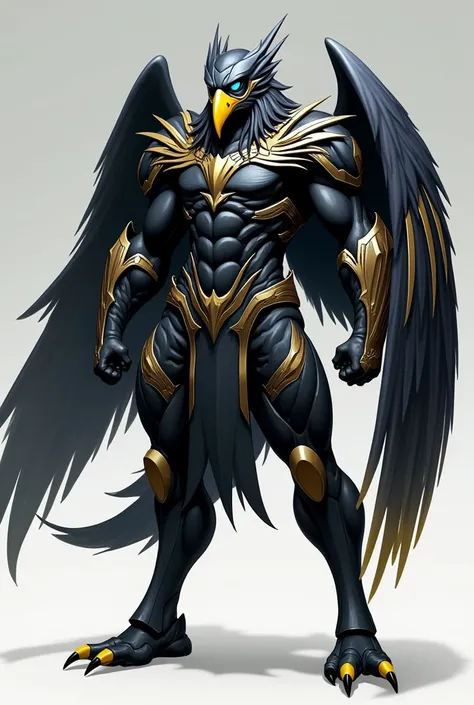  Create an image of a character inspired by a black bird with small yellow contrasts on the wings and tail , strong and muscular, thick legs,  black eyes with blue eyeball  ,  nightingale feather-like armor that is elegant and aerodynamic , and wings exten...