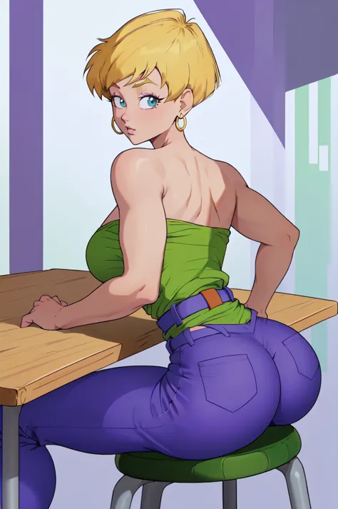 (masterpiece,best quality,absurdres,beautiful,sharp,detailed),sitting,stool,upper body,1girl,big booty,erasa db,looking at viewe...