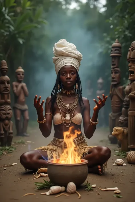  an old African woman in a white turban was walking on a clay road,  with a hula skirt with a straw belt , Polynesian style, Polynesian style,  seashell clothes , tiki, cold, Very pretty Enga style ,  sitting with both hands to the sky in a position of wor...