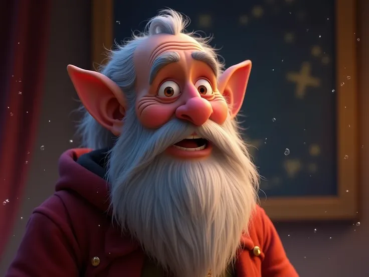  image for a cartoon story YouTube video in Pixar format. Framed talking portrait of the wizard Eroman:  A close look at the portrait of an old wizard with a long gray beard and bright eyes. He is surrounded by a magical aura ,  and his smile radiates wisd...