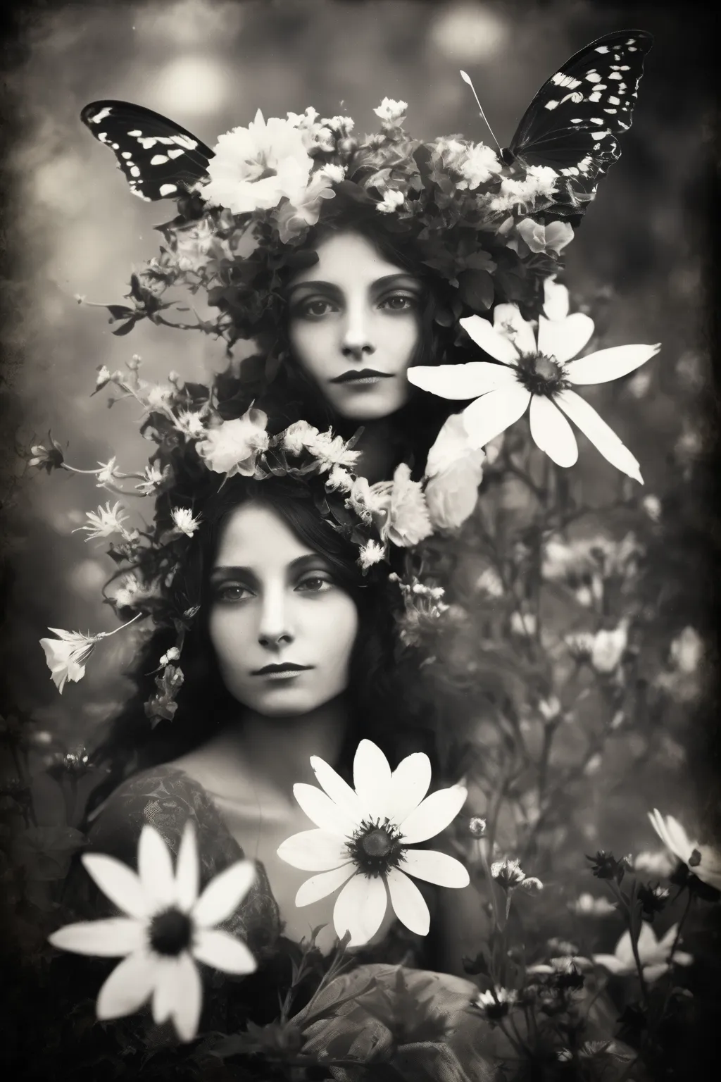 oniric old photo ,fairy black and white with old flowers