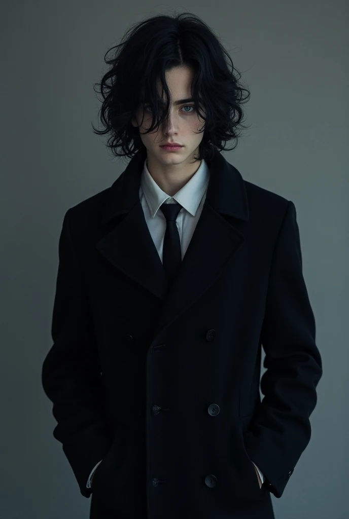 The dark haired , voluminous and slightly wavy, they fall in locks over the forehead,  making blue eyes and white skin even more evident .  He places his hands in the pocket of the black overcoat that ,  although it is not an uncommon garment among Crimson...