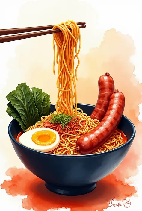 Korean instant noodles with boiled egg,seaweed, big sausage put some spicy sauce on ,Make it in water color drawing style