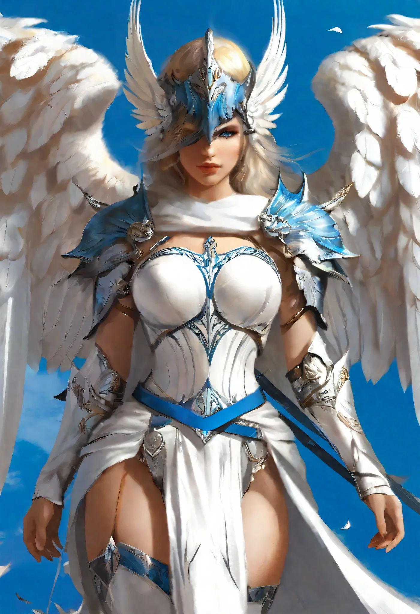 1 female angel，white cape showing at waist_wings armor feathers_long wing feathers_hair shoulders armor shoulders_single piece o...