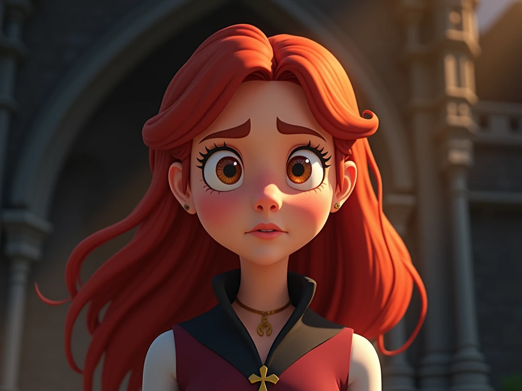  image for a cartoon story YouTube video in Pixar format. Liora and her fear :  Lioras image of a young girl with bright red hair and insightful eyes in a castle,  her face determined ,  but in her eyes you can see a slight fear .  There are shadows behind...