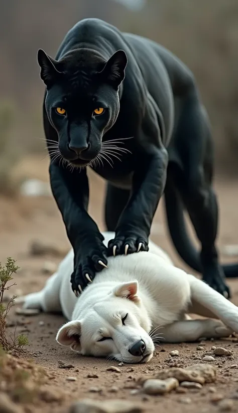 A dead White Dog on the ground and Black Panther is standing with one foot on top of the White Dog.