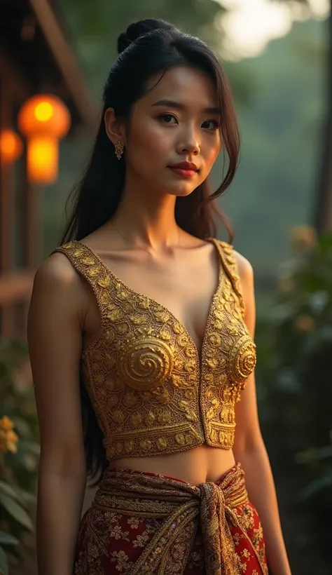 The image depicts a woman standing outdoors, illuminated , ambient lighting. She is dressed in traditional Thai attire, which includes a heavily embroidered, golden top with intricate patterns and a matching skirt. The top features a deep neckline and is a...