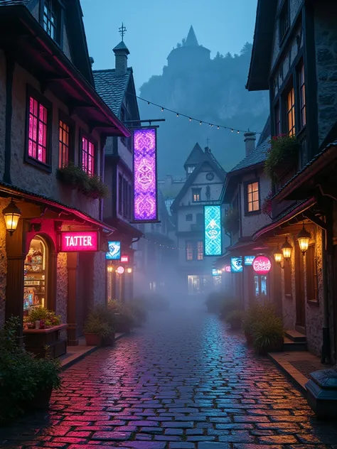 IMG_4839.CR2: A hyper-realistic night scene of a neon-lit, cyberpunk-inspired fantasy street blending medieval and futuristic aesthetics. The street is lined with stone taverns, weaponsmiths, armories, potion shops, and magical emporiums, each featuring de...