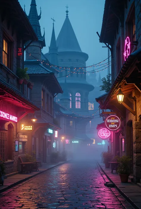 IMG_4839.CR2: A hyper-realistic night scene of a neon-lit, cyberpunk-inspired fantasy street blending medieval and futuristic aesthetics. The street is lined with stone taverns, weaponsmiths, armories, potion shops, and magical emporiums, each featuring de...