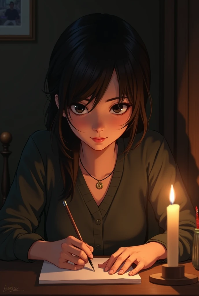 Draw a female writer with covered breasts, big black eyes, and dark brown hair. Let her eyes focus on her writing and write by candlelight. cover her breasts and she is look hər paper 