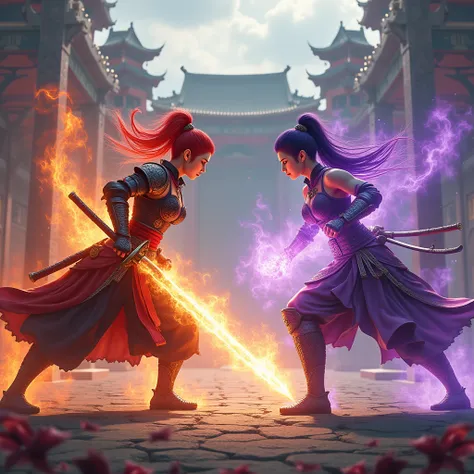 Red flame samurai girl and purple flame asian warrior giril They were ready for war in the ring square