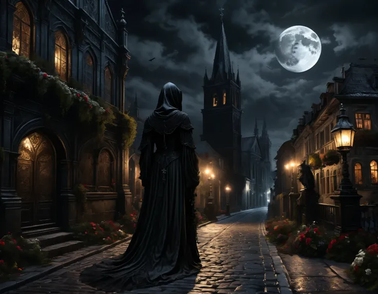 A dark, damaged gothic road at night, a dark gothic figure looms from the shadows, a single black flower blooming, crescent moon in the sky, old town in the background, (best quality, 8k, ultra-detailed, photorealistic, dramatic lighting), dark, moody, glo...