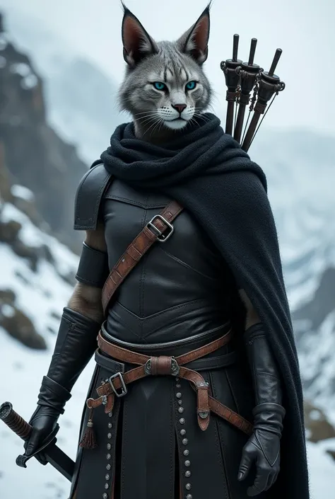  Skyrim , kajit , dark leather armor , Blue eye color, black wool,  in a black cloak ,  behind his back a crossbow and quiver,  holds a dagger . 