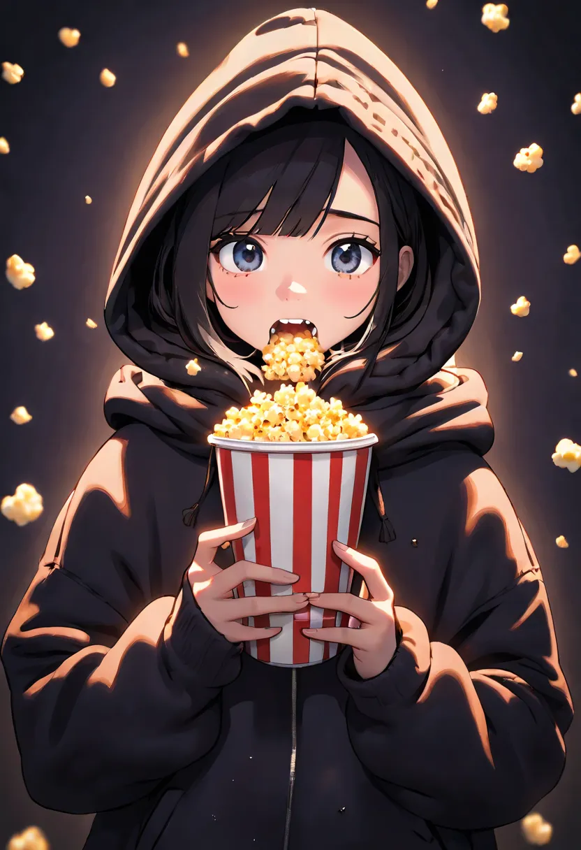 girlfriend: a girl wearing an oversized hoodie with the hood pulled up. she is gazing at the screen with large eyes. there is a ...