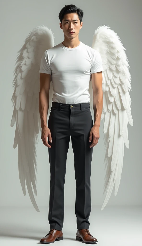 Show full body portrayal of one asian man handsome menly from Korea, slim body,
tallish,
Show 2 leg details,
Slive hair,
big white wings,
wear Men’s clothes